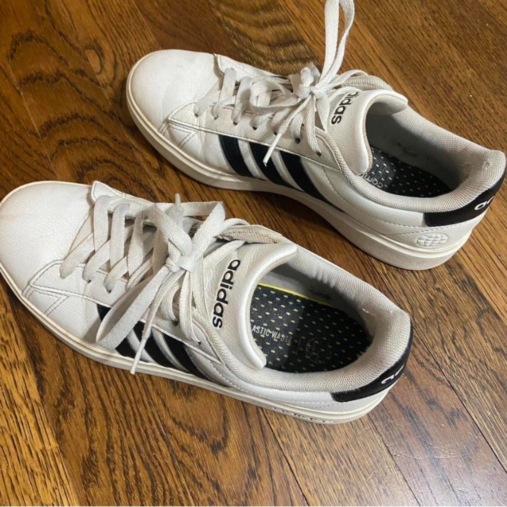 Adidas White Sneakers with Black Stripes